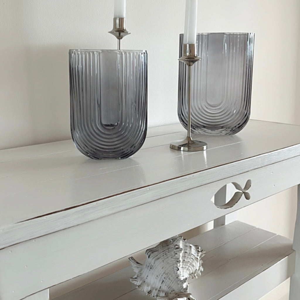 Ribbed U Shaped Glass Vase-Medium-Grey-4