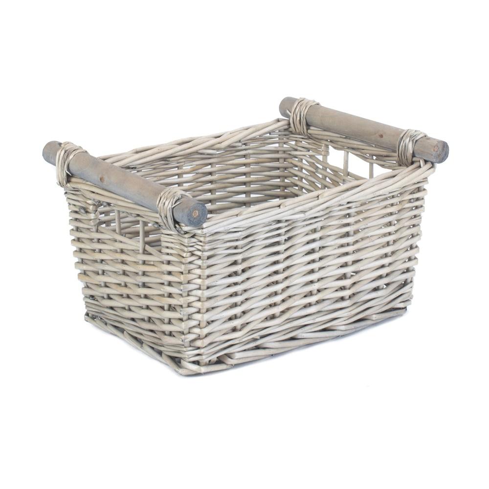 Grey Wash Wooden Handled Wicker Storage Basket-0