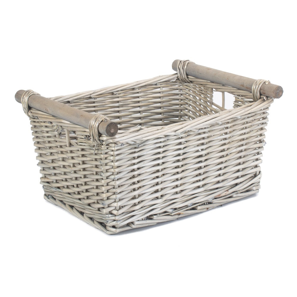 Grey Wash Wooden Handled Wicker Storage Basket-1