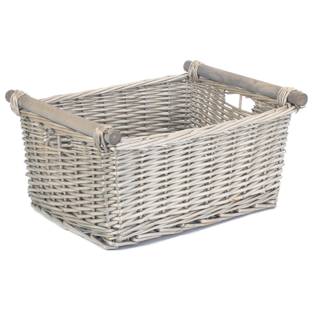 Grey Wash Wooden Handled Wicker Storage Basket-2