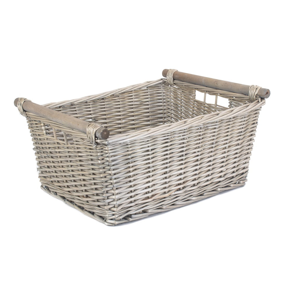 Grey Wash Wooden Handled Wicker Storage Basket-4