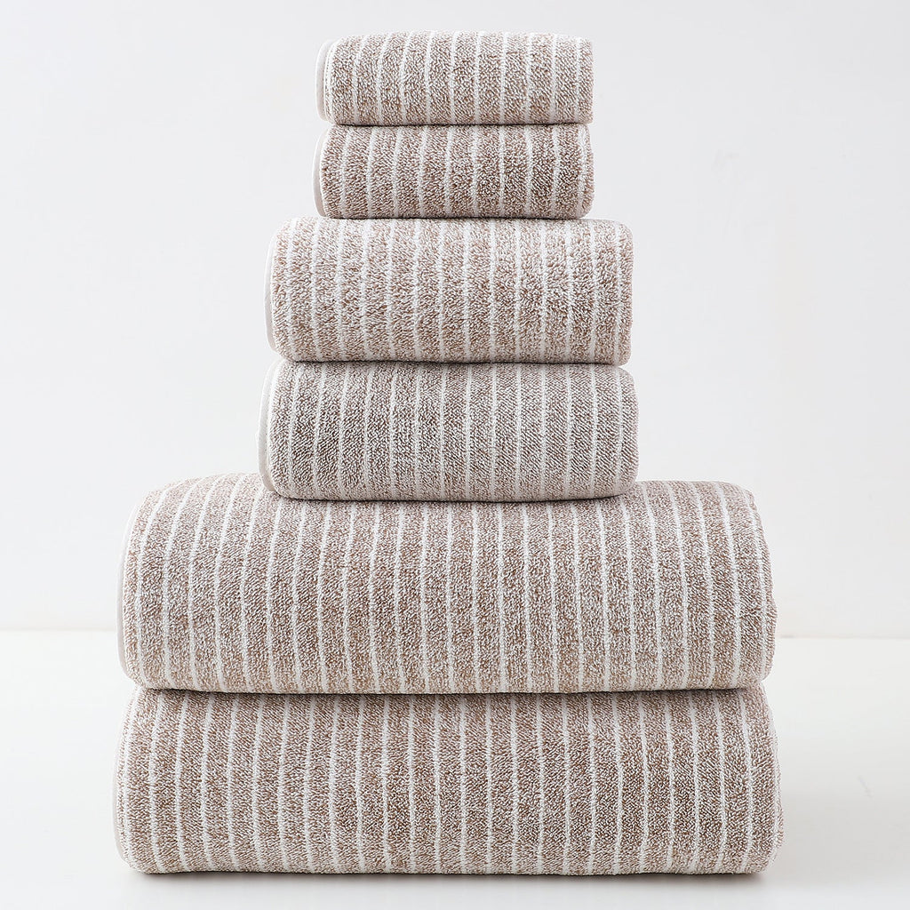 NNEDSZ Luxury Cotton Striped Towel Set - 6 Piece Set (2 Hand Towels, 2 Bath Towels, 2 Washcloths), Ultra Soft and Absorbent  (Brown)-0