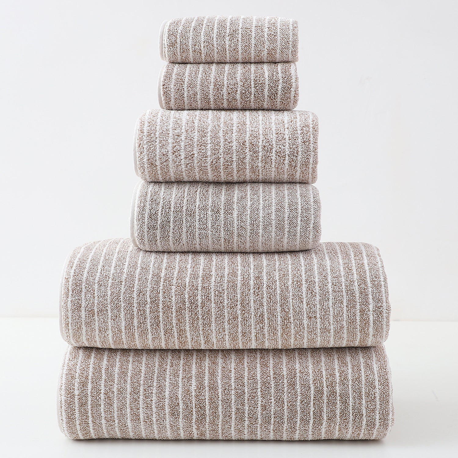 NNEDSZ Luxury Cotton Striped Towel Set - 6 Piece Set (2 Hand Towels, 2 Bath Towels, 2 Washcloths), Ultra Soft and Absorbent  (Brown)-0